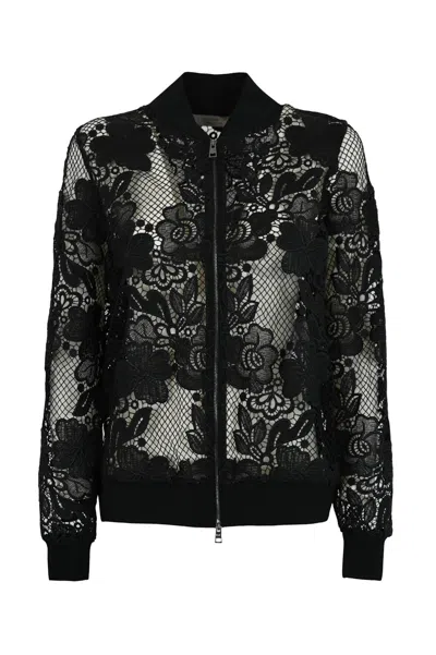 D Exterior Bomber Jacket In Macrame Lace In Black