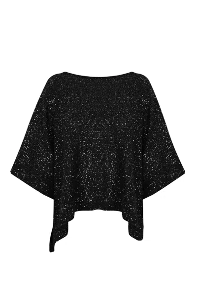 D Exterior Cape With Sequins In Alpaca Blend In Black