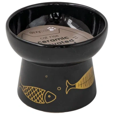 Dexypaws Elevated Ceramic Cat Bowl, Black & Gold Fish, 7oz