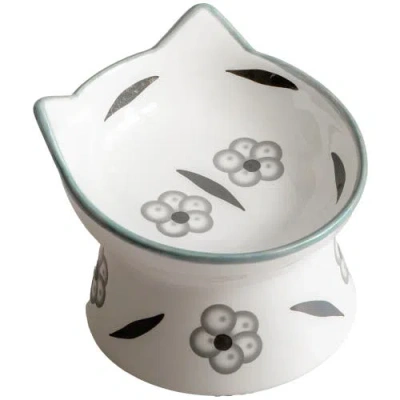 Dexypaws Elevated Ceramic Cat Bowl, Floral White & Black, 7oz, Pet Feeding Dish In Multicolored