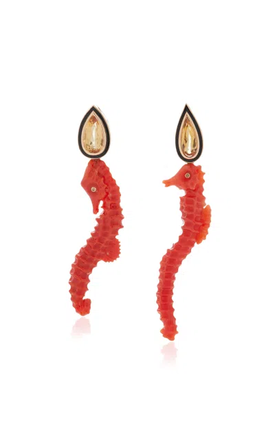 Dezso By Sara Beltran 18k Rose Gold Carved Coral Seahorse With Pear Beryl Earrings