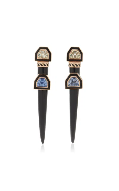 Dezso By Sara Beltran 18k Rose Gold Tusk Earrings With Onyx And Blue Sapphire