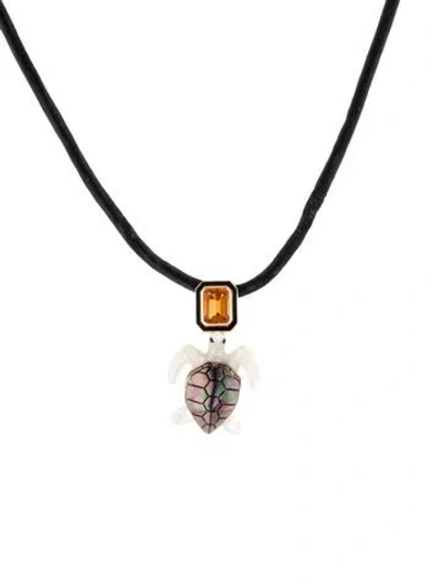 Pre-owned Dezso By Sara Beltran Mother Of Pearl, Leather & Citrine Turtle Pendant Necklace, 22" In Multi
