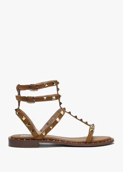 Df By Daniel Cuboid Tan Studded Gladiator Sandals In Tan Fabric