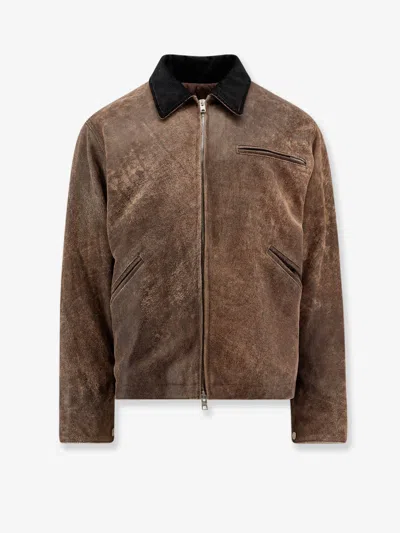 Dfour Padded Leather Jacket With Corduroy Collar In Brown