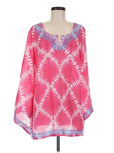 Pre-owned Dg^2 By Diane Gilman Long Sleeve Silk Top Pink Keyhole Neckline Tops