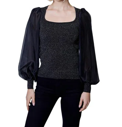 Dh New York Long Sleeve Mixed Media Lurex Top In Black In Green
