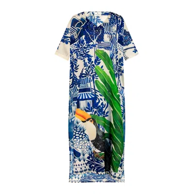 Dhara Sheth Dubai Women's Blue / Green / White Harmony Bird Print Long Kaftan Dress - Beach Cover Up In Blue/green/white