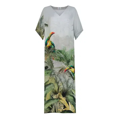 Dhara Sheth Dubai Women's Green / Grey Wild Wings Bird In The Jungle Long Kaftan With Side Slits