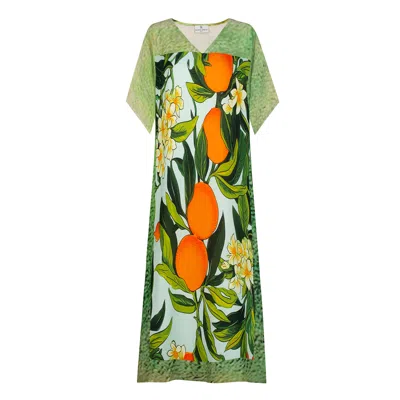 Dhara Sheth Dubai Women's Green / Orange Fleur & Fruit Vintage Long Kaftan Dress