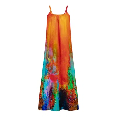 Dhara Sheth Dubai Women's Roar Tiger Animal Print Abstract Multicolour Spaghetti Strap Maxi Dress Made With Natural Fa In Orange