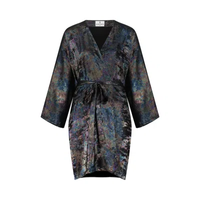 Dhara Sheth Dubai Women's Shadow Of Sequin Shimmer Rainbow Black Short Partywear Kimono Dress