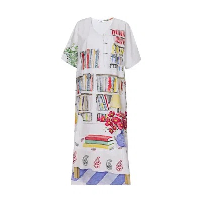 Dhara Sheth Dubai Women's White Abode Artistic Bookshelf Long Dress - Library Print