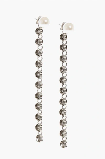 D'heygere Silver Earrings With Pearl And Chain Decorated With Butterfl In Multi