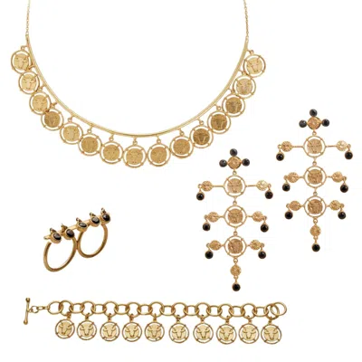 Dhwani Bansal Women's Black / Gold Gold Inka Earrings, Necklace, Bracelet And Double Ring Gift Set With Glass Gems