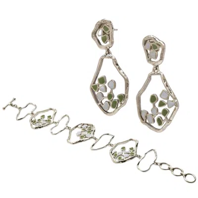 Dhwani Bansal Women's Silver / Green / Blue Silver And Enamel Terra Earrings And Bracelet Gift Set