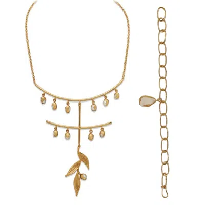 Dhwani Bansal Women's White / Gold Gold Zuri Necklace And Bracelet Gift Set With Baroque Pearls