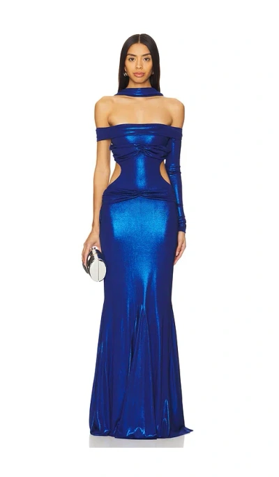 Di Petsa Moonlight Off-shoulder Gown In Metallic Blue