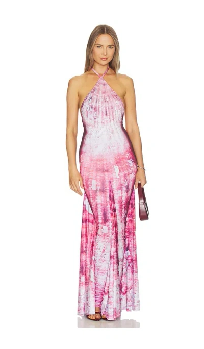 Di Petsa Shell Halter Neck Long Dress In Pink Print