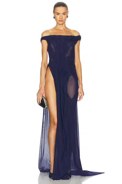 Di Petsa Wetlook Off Shoulder Long Dress In Navy