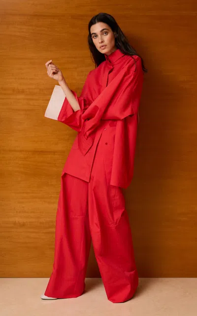 Di Stavnitser Rena Split-hem Cotton-silk Wide-leg Pants In Red