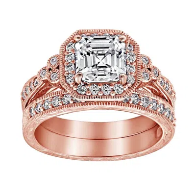Diamonbliss Women's Asscher Cut Halo Vintage Wedding Set - Rose Gold