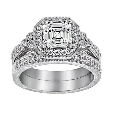 Diamonbliss Women's Asscher Cut Halo Vintage Wedding Set - White