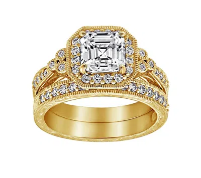 Diamonbliss Women's Asscher Cut Halo Vintage Wedding Set - Yellow