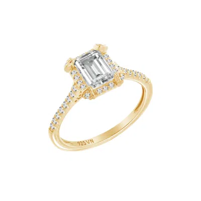 Diamonbliss Women's  Embellished With Swarovski Yellow Plated Emerald Cut Halo Ring, One And Half Car