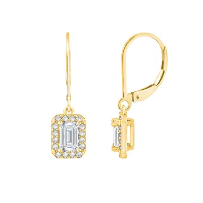 Diamonbliss Women's  Emerald Cut Halo Leverback Earrings, One Carat, Yellow Gold