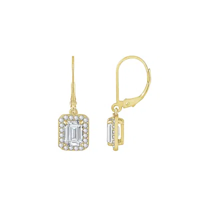 Diamonbliss Women's  Emerald Cut Halo Leverback Earrings, Two Carats, Yellow Gold