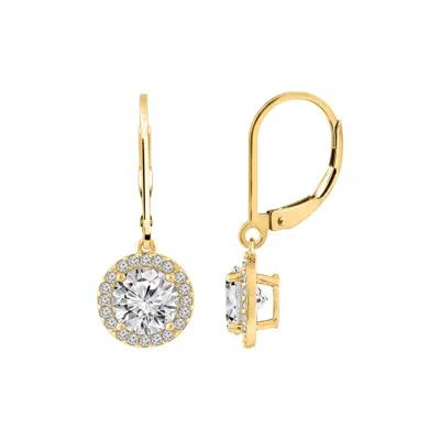 Diamonbliss Women's  Leverback Drop Halo Earrings, Three Carat, Yellow Gold