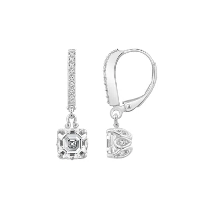 Diamonbliss Women's White  Embellished With Swarovski Silver Plated Leverback  Asscher Cut Earrings,