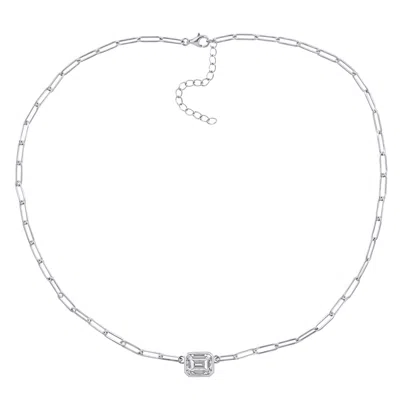 Diamonbliss Women's White  Emerald Bezel Paperclip Chain Necklace, Platinum In Metallic