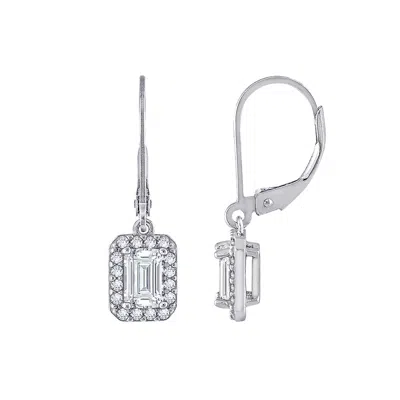 Diamonbliss Women's White  Emerald Cut Halo Leverback Earrings, One Carat, Platinum