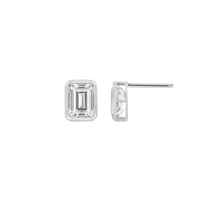 Diamonbliss Women's White  Silver Plated Emerald Cut Solitaire Stud Earrings With Swarovski, Three Ca