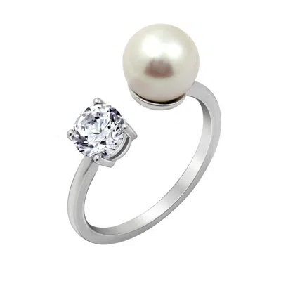 Diamonbliss Women's White Pearl And Clear Stone Open Ring