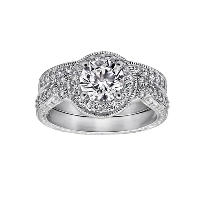 Diamonbliss Women's White Round Cut Halo Vintage Wedding Set