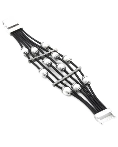 Diamond Select Cuts 0.13 Ct. Tw. Diamond & 6-7mm Pearl Silver Bracelet In Black