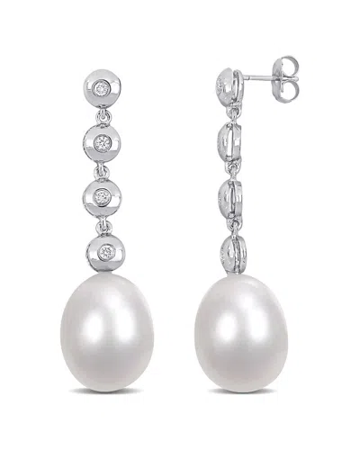 Diamond Select Cuts 14k 0.16 Ct. Tw. Diamond 11-11.5mm Pearl Earrings In Silver