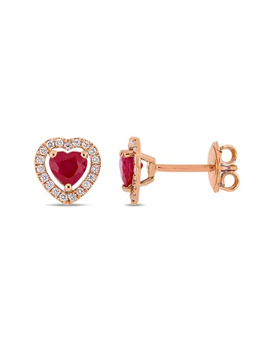 Diamond Select Cuts 14k Rose Gold 1.15 Ct. Tw. Diamond & Ruby Heart Studs In Metallic