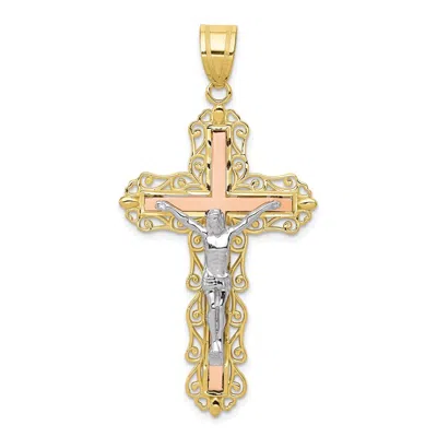 Diamond2deal 10k Tri-color Diamond-cut Crucifix Pendant In Multi