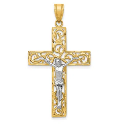 Diamond2deal 10k Two-tone Diamond-cut Large Block Filigree Cross Crucifix Pendant In Multi