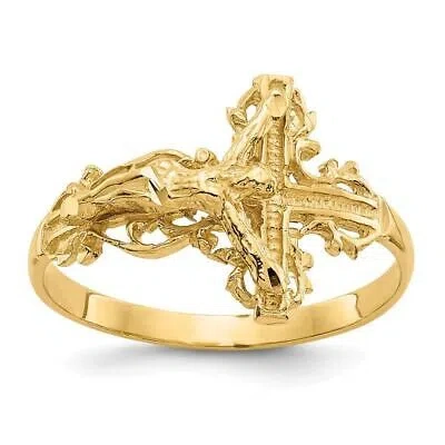 Pre-owned Diamond2deal 10k Yellow Gold Diamond-cut Crucifix Ring For Womens 1.5g Size 6.5