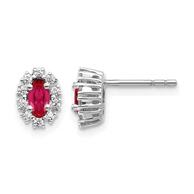 Diamond2deal 14k Gold 1/5 Ct Lab Grown Diamond And Oval Created Ruby Halo Stud Earrings In Metallic
