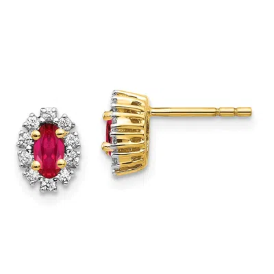Diamond2deal 14k Gold 1/5 Ct Lab Grown Diamond And Oval Created Ruby Halo Stud Earrings In Yellow