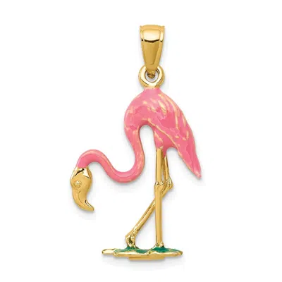 Diamond2deal 14k Gold Enameled 3-d Pink Flamingo Pendant In Yellow