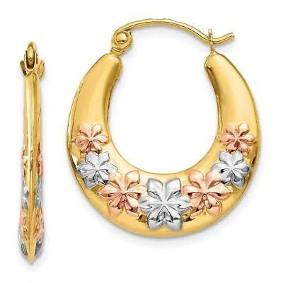 Pre-owned Diamond2deal 14k Tri-color Gold Hollow Flowers Hoop Earrings Fine Jewelry In Yellow