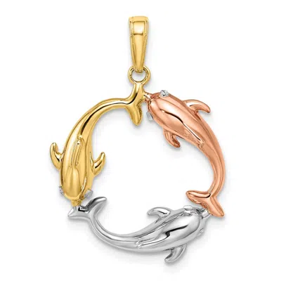 Diamond2deal 14k Tri-color Gold Triple Dolphin Circle Pendant In Multi