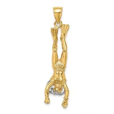 Pre-owned Diamond2deal 14k Two-tone Gold 3-d Female Scuba Diver Charm Pendant 7.65g L-47.7mm W-11.7mm In Two Tone